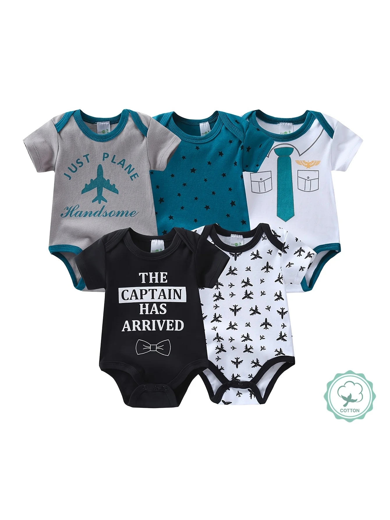 5pcs Baby Boy Short Sleeve Triangle Rompers, - Image 1